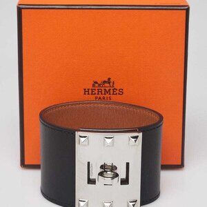 Hermes Black Box Leather Palladium Plated Kelly Dog Extreme Bracelet Size L